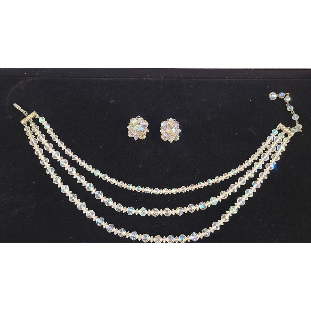 Vintage Aurora Borealis Triple Strand Crystal Necklace 16" + Cluster Earrings